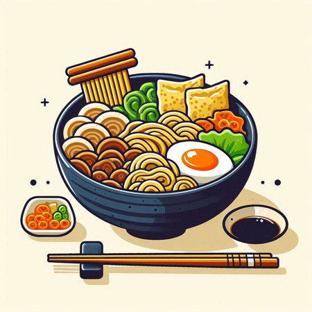 Japanese noodle soup in bowl with chopsticks. Vector illustration.のイラスト素材