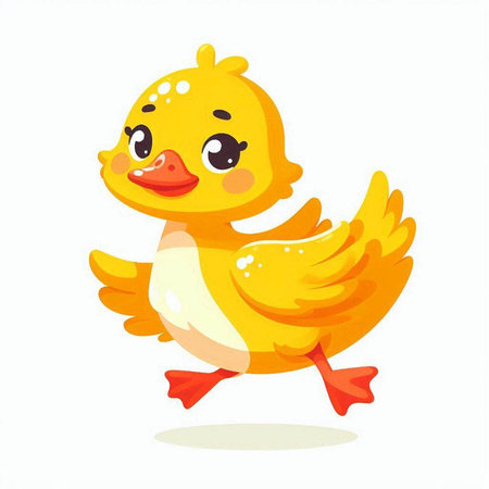 Cute yellow duckling running on white background. Vector illustration.のイラスト素材