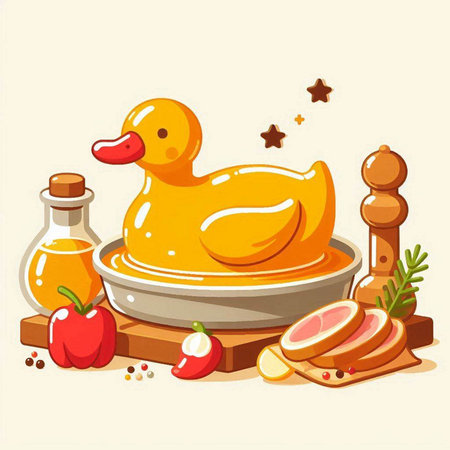 Illustration of a Cute Cartoon Duck on a Plate with Ingredientsのイラスト素材
