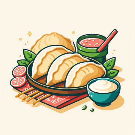 Illustration of dumplings with sauce and chopsticks on a plateのイラスト素材