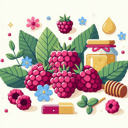 Raspberries, honey, leaves and flowers. Vector illustration.のイラスト素材