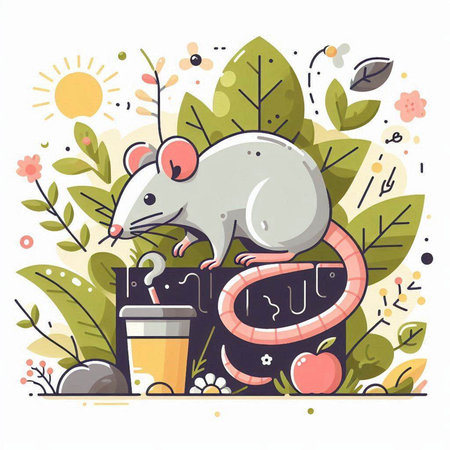 Vector illustration of a cute mouse with a cup of coffee in the garden.のイラスト素材