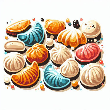 Illustration of a set of different sweet desserts on a white backgroundのイラスト素材