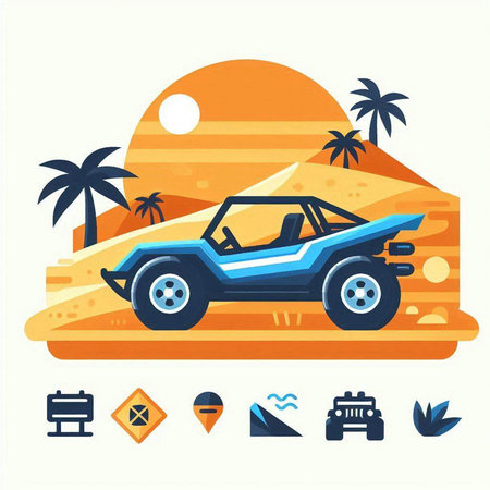 Off road car on the beach. Vector illustration in flat style.のイラスト素材