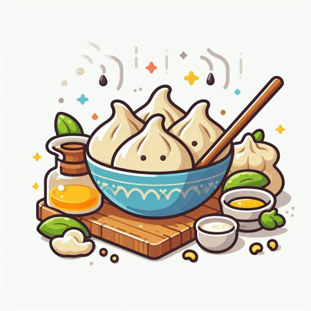 Vector illustration of steamed dumplings in bowl with spoon.のイラスト素材