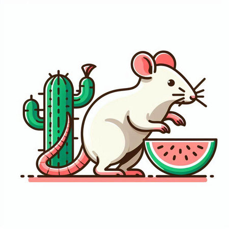 Rat with watermelon and cactus. Isolated vector illustration.のイラスト素材