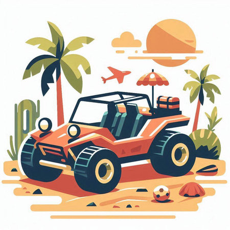 Off-road vehicle on the beach. Vector illustration in flat styleのイラスト素材