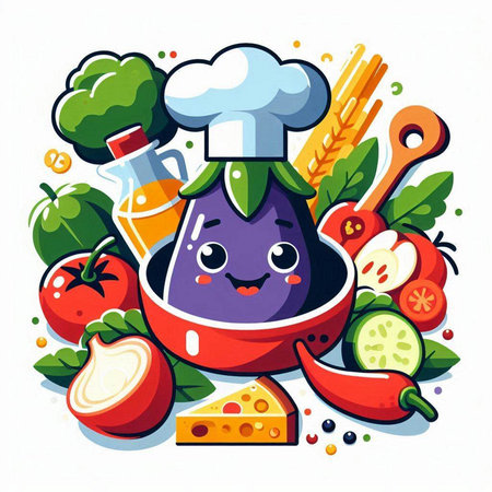 Vegetables and fruits in bowl with chef hat. Vector illustrationのイラスト素材