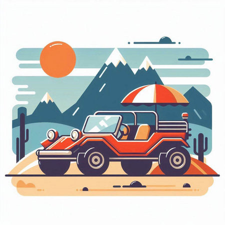 Off-road car on the road in the mountains. Vector illustrationのイラスト素材