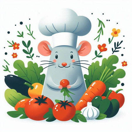 Rat chef with vegetables. Hand drawn vector illustration on white background.のイラスト素材