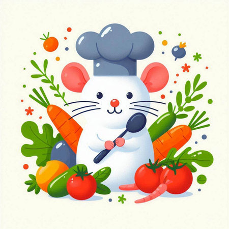 Chef mouse with vegetables and herbs. Vector illustration in cartoon style.のイラスト素材