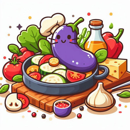 Vegetables in a frying pan. Vector illustration on white background.のイラスト素材