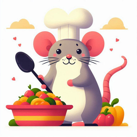 Rat chef with ladle and bowl of vegetables. Vector illustration.のイラスト素材
