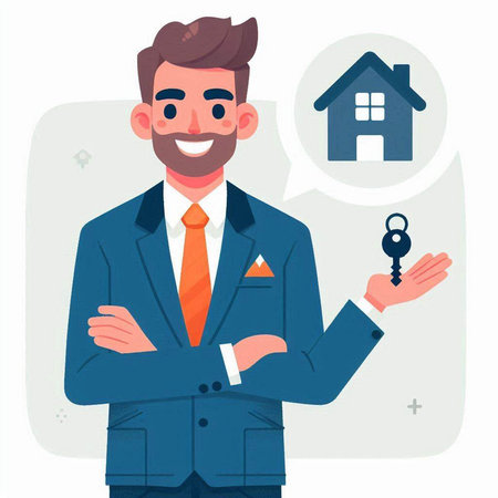 Real estate agent with house and key. Vector illustration in cartoon styleのイラスト素材