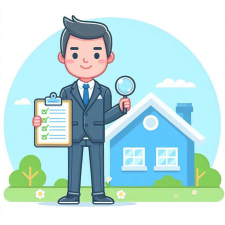 Real estate agent with house and magnifying glass. Vector illustration.のイラスト素材