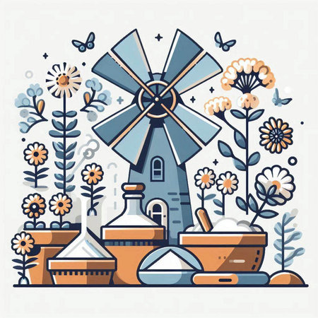 Hand drawn vector illustration in flat style. Country landscape with windmill, mill, flowers and plants. Design element for poster, card, banner.のイラスト素材
