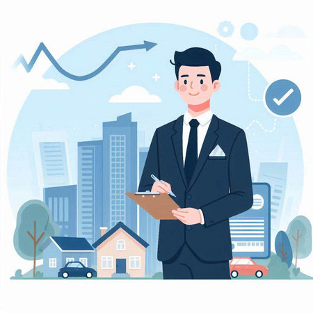 Real estate agent. Vector illustration in flat style. Young man in a suit with a clipboard.のイラスト素材