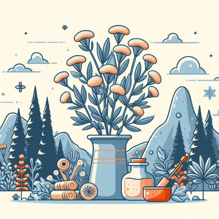 Vase with flowers in the forest. Hand drawn vector illustration.のイラスト素材