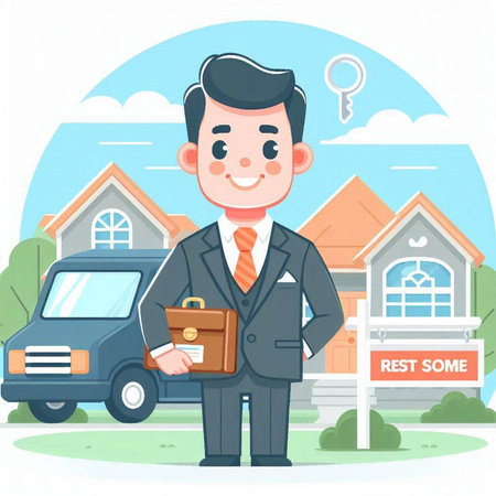 Real estate agent in front of a house. Vector cartoon illustration.のイラスト素材