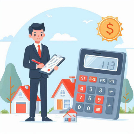 Real estate agent. Businessman with calculator and house. Vector illustrationのイラスト素材