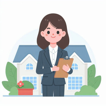 Real estate agent, vector illustration. Young woman in a suit with a clipboard.のイラスト素材