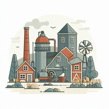 Vector illustration of a rural landscape with buildings, windmill, mill and mill.のイラスト素材
