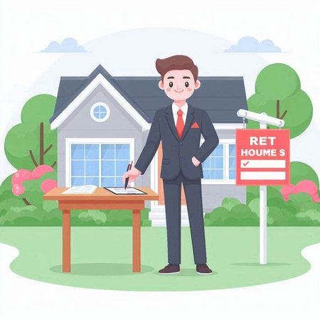 Real estate agent man in front of the house. Vector illustration.のイラスト素材