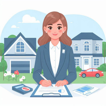 Real estate agent. Vector illustration of a woman signing a contract.のイラスト素材