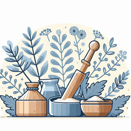 Flour, mortar and pestle. Vector illustration in cartoon style.のイラスト素材