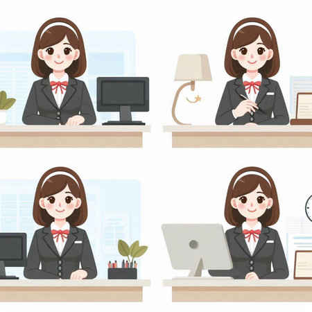 Set of illustrations of a business woman in a suit sitting at the deskのイラスト素材