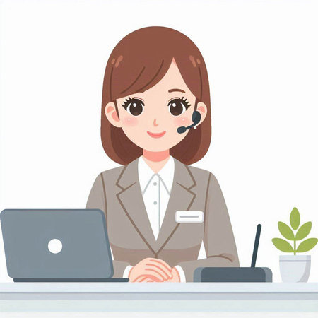 Businesswoman in call center with headset and laptop computer. Vector illustration.のイラスト素材