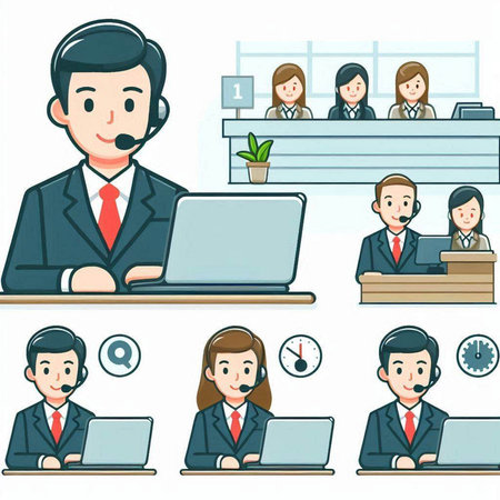 Illustration of a set of call center staff in various situations.のイラスト素材