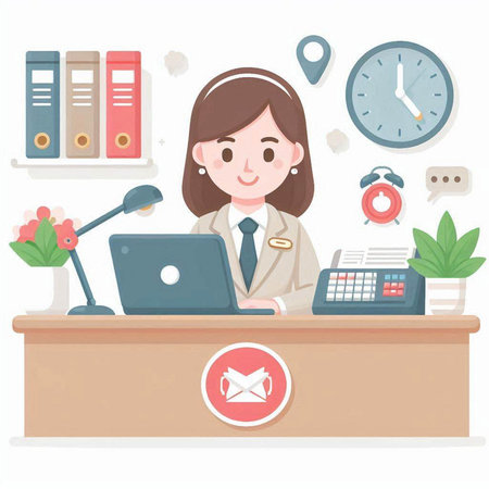 Illustration of a female office worker sitting at her desk with a laptopのイラスト素材