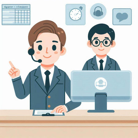 Businessman and customer service agent with a computer. Vector illustration.のイラスト素材