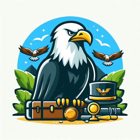 Bald eagle with a hat and suitcases. Vector illustration.のイラスト素材