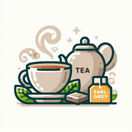 Tea time vector illustration. Tea cup, teapot, tea bag, leaves.のイラスト素材