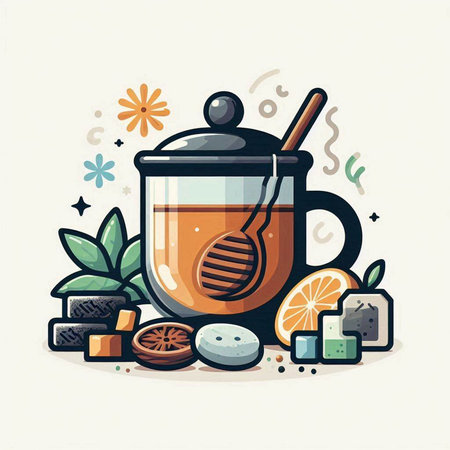 Hot tea with honey and spices. Vector illustration in flat style.のイラスト素材