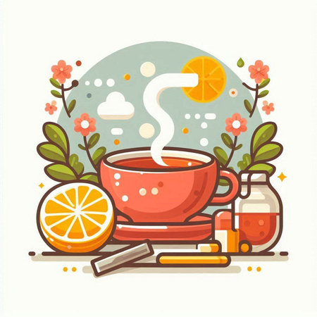 Cup of tea with lemon and cinnamon, flat vector illustration.のイラスト素材