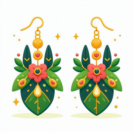 Earrings with flowers and leaves. Vector illustration in flat styleのイラスト素材