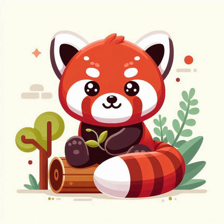 Cute red panda sitting on the log. Vector illustration.のイラスト素材
