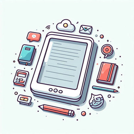 Modern line art design concept with tablet computer, mobile phone and office supplies.のイラスト素材