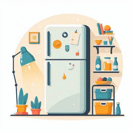 Kitchen interior with fridge. Vector illustration in flat cartoon style.のイラスト素材