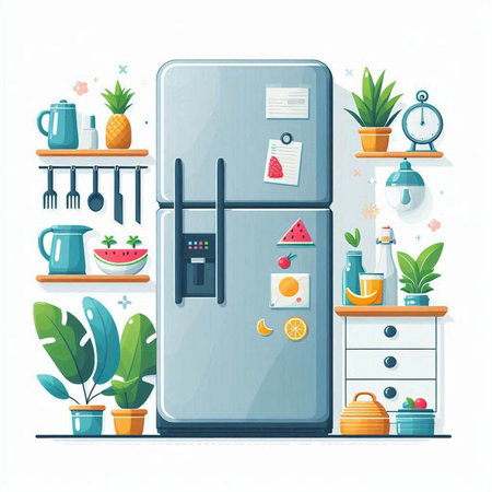 Vector illustration of modern fridge in flat style. Refrigerator and kitchen utensils.のイラスト素材