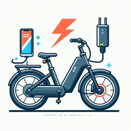 Electric bike with battery charging. Electric vehicle charging. Vector illustration.のイラスト素材