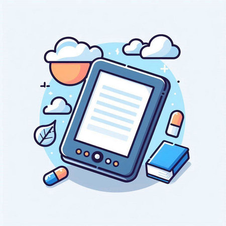 Illustration of tablet computer with cloud, book and sun on blue backgroundのイラスト素材