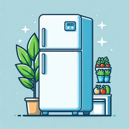 Refrigerator. Vector illustration in flat style. Isolated on blue background.のイラスト素材
