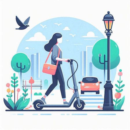 Young woman riding an electric scooter in the city. Vector illustrationのイラスト素材