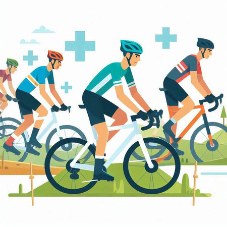 Cyclists on the road. Vector illustration in flat style.のイラスト素材