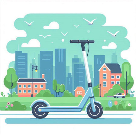 Modern electric scooter on the background of the city. Vector illustrationのイラスト素材