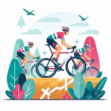 Cyclists on the road in the park. Flat vector illustration.のイラスト素材